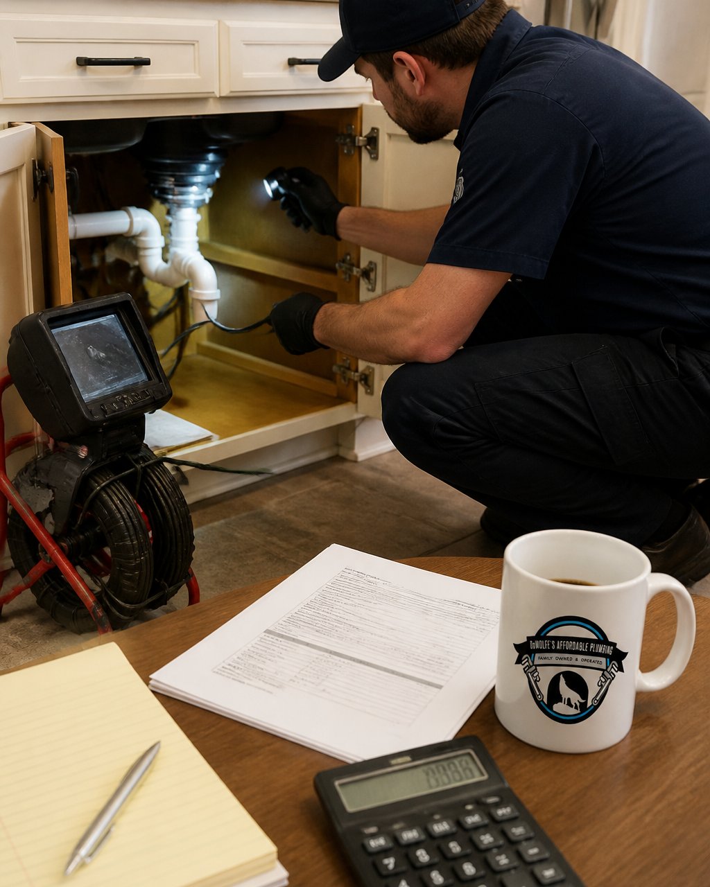 Professional plumber using a flashlight and diagnostic camera to inspect a drain pipe under a kitchen sink with specialized equipment