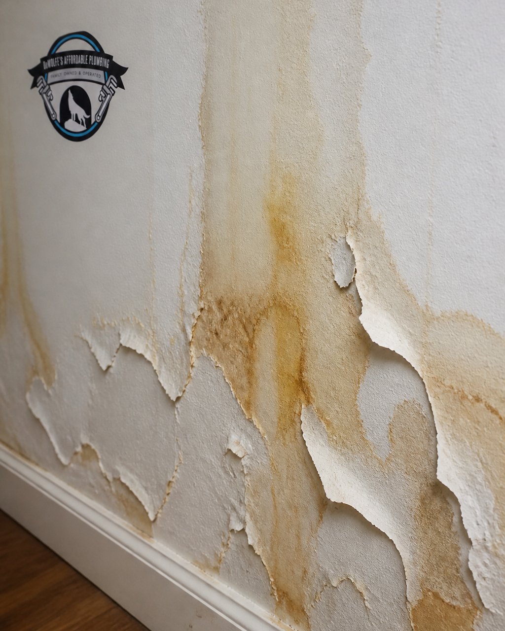 Close-up of drywall showing yellow and brown water stains with peeling paint and bubbling wallpaper in a residential interior