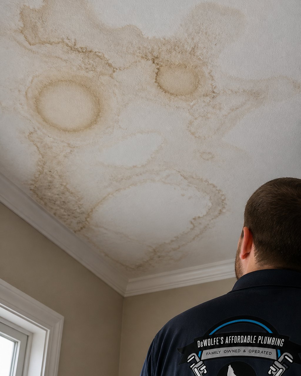 Close-up of ceiling showing yellow and brown water stains with visible discoloration rings and moisture damage from hidden plumbing leak